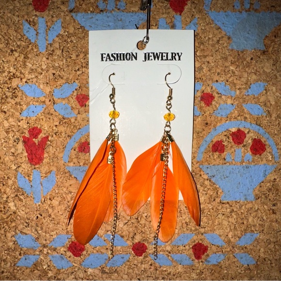 Jewelry - Orange and Gold Feather Dangle Earrings - Fashion